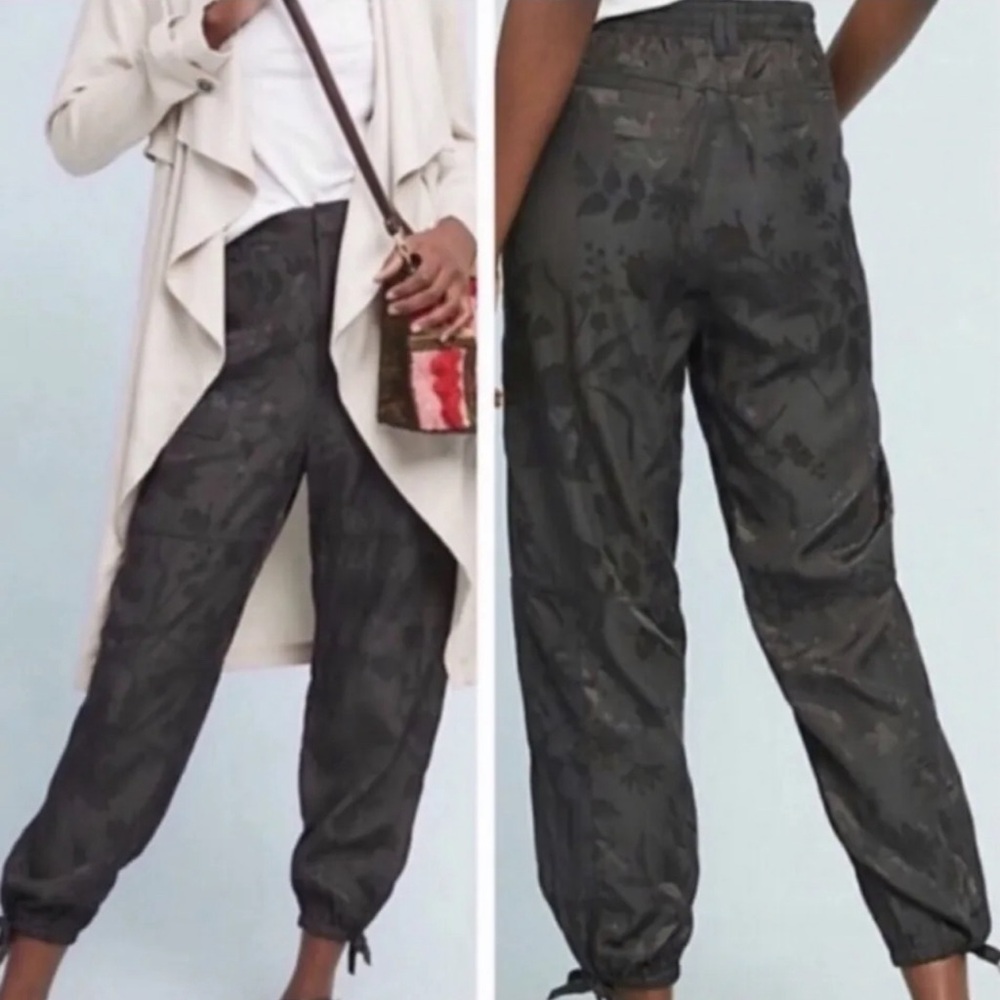 ANTHROPOLOGIE Black Satin Jacquard Floral Embossed Utility Jogger Pants Sz S